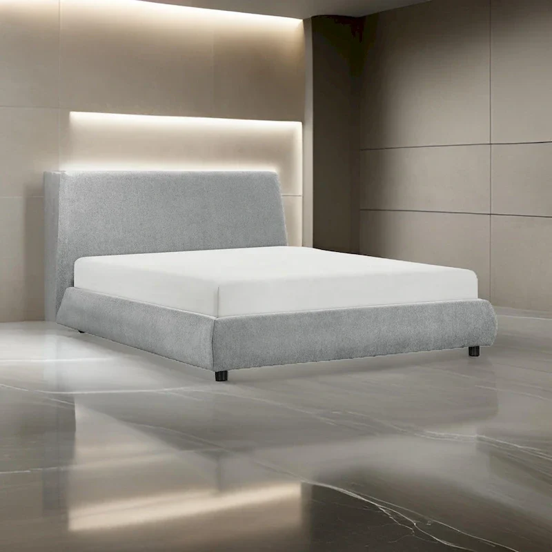 Ford Queen Size Platform Bed, Low Profile, Gray Chenille Fabric Upholstery