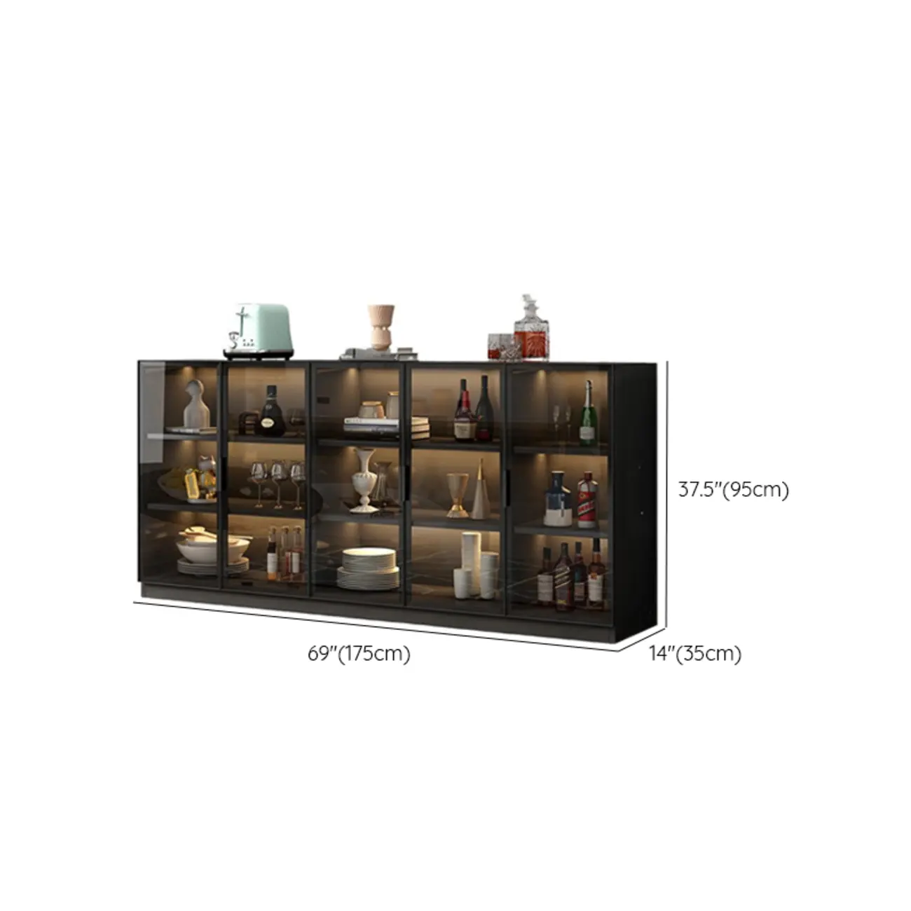 Large 3 Shelves Glass Wood Black Sideboard with LED Light