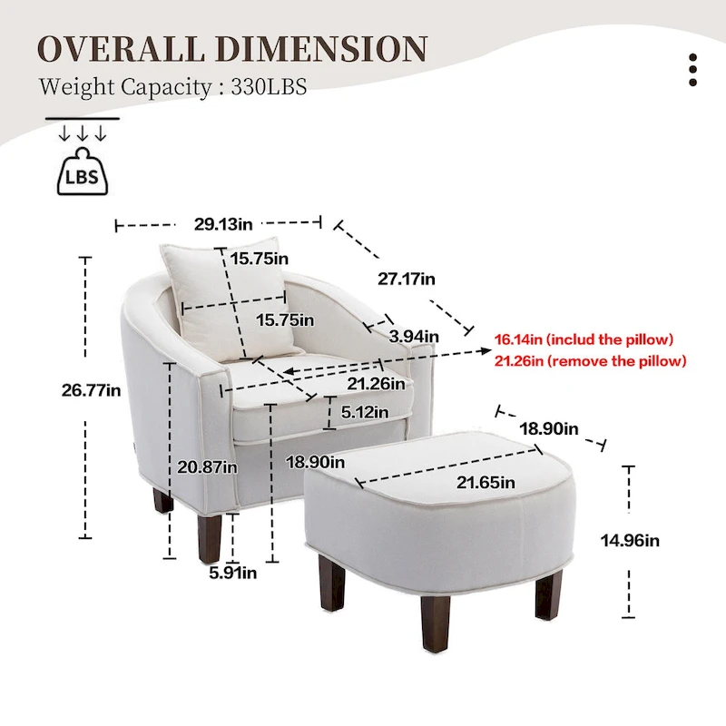 Linen/Polyester Upholstered Mid Century Barrel Chair with Ottoman
