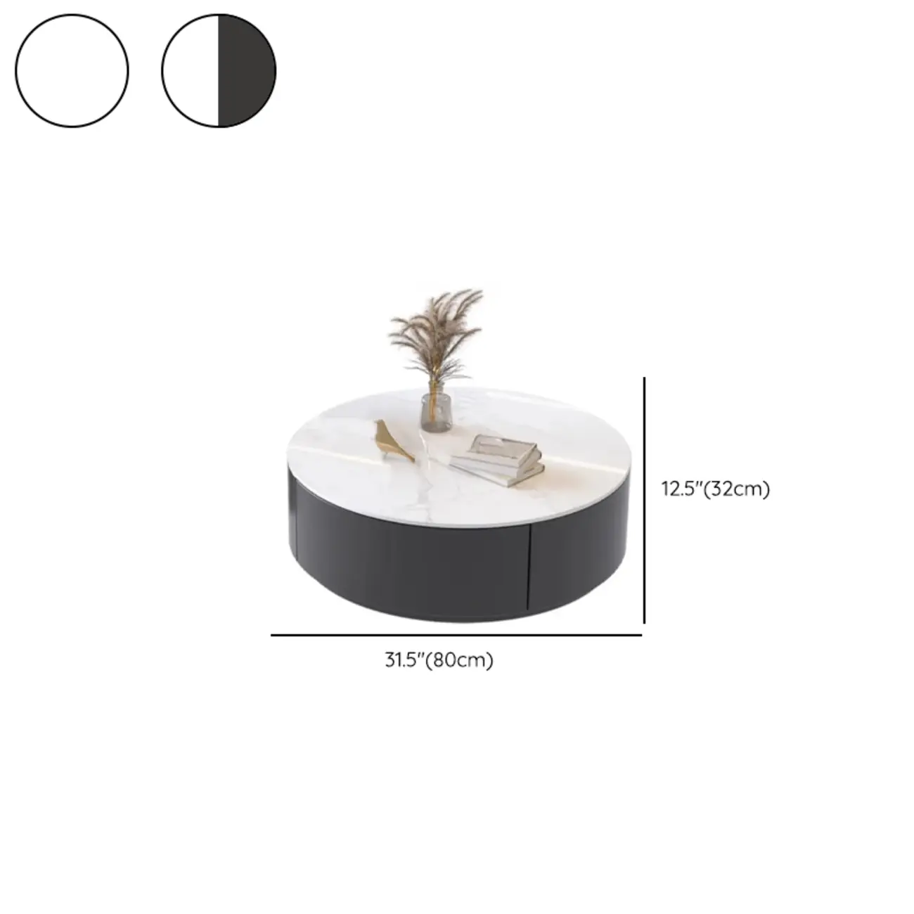 Black White Modern Stylish Round Wood Drawer Coffee Table