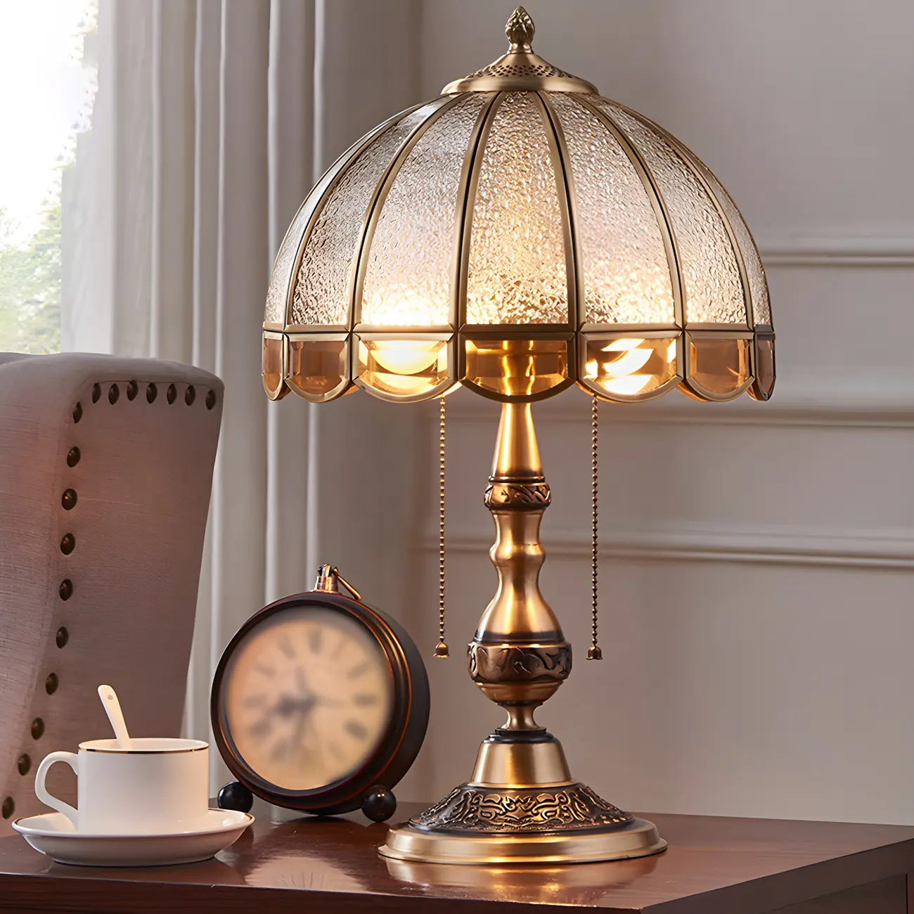 Vintage Luxury Dome Shape Table Lamp Brass and Glass