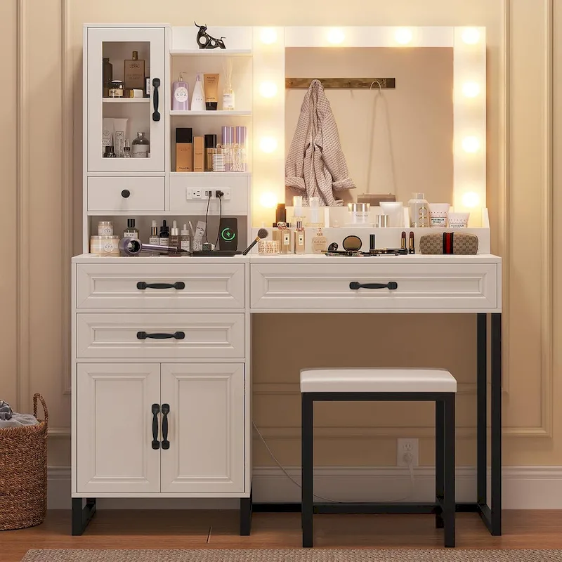 Vanity Desk with 10 LED Lighted Mirror, Bench, Charging Station, Glass Top, Drawers & Cabinet - Makeup Dressing Table Set
