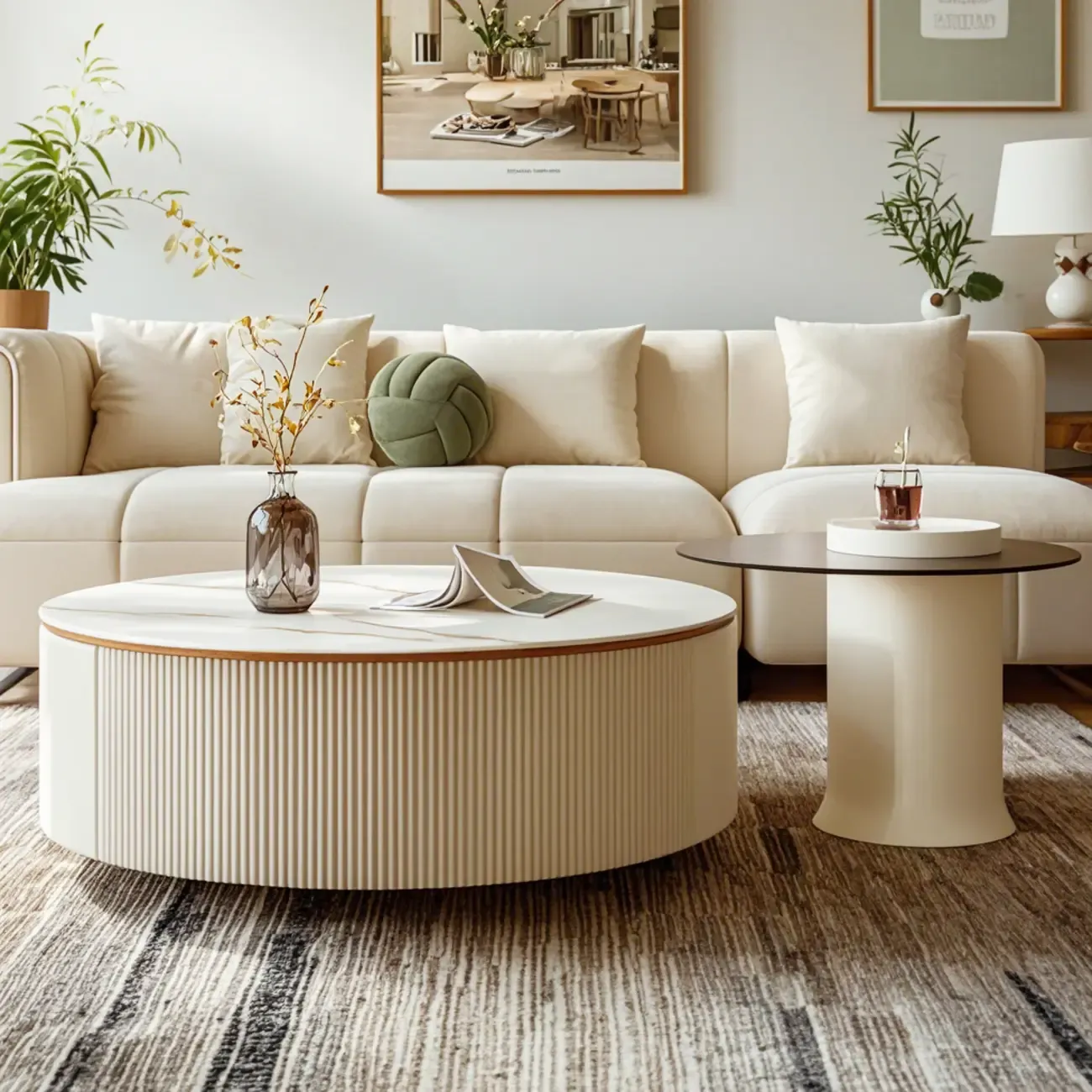 White Round Wood Lift-Top Drawer Coffee Table