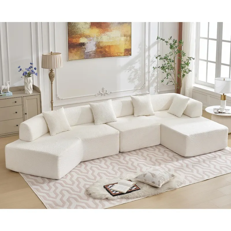 White 140 Oversized Boucle Upholstered L-Shaped Modular Sectional Sofa, 3-piece Free Combination, No Assembly Required