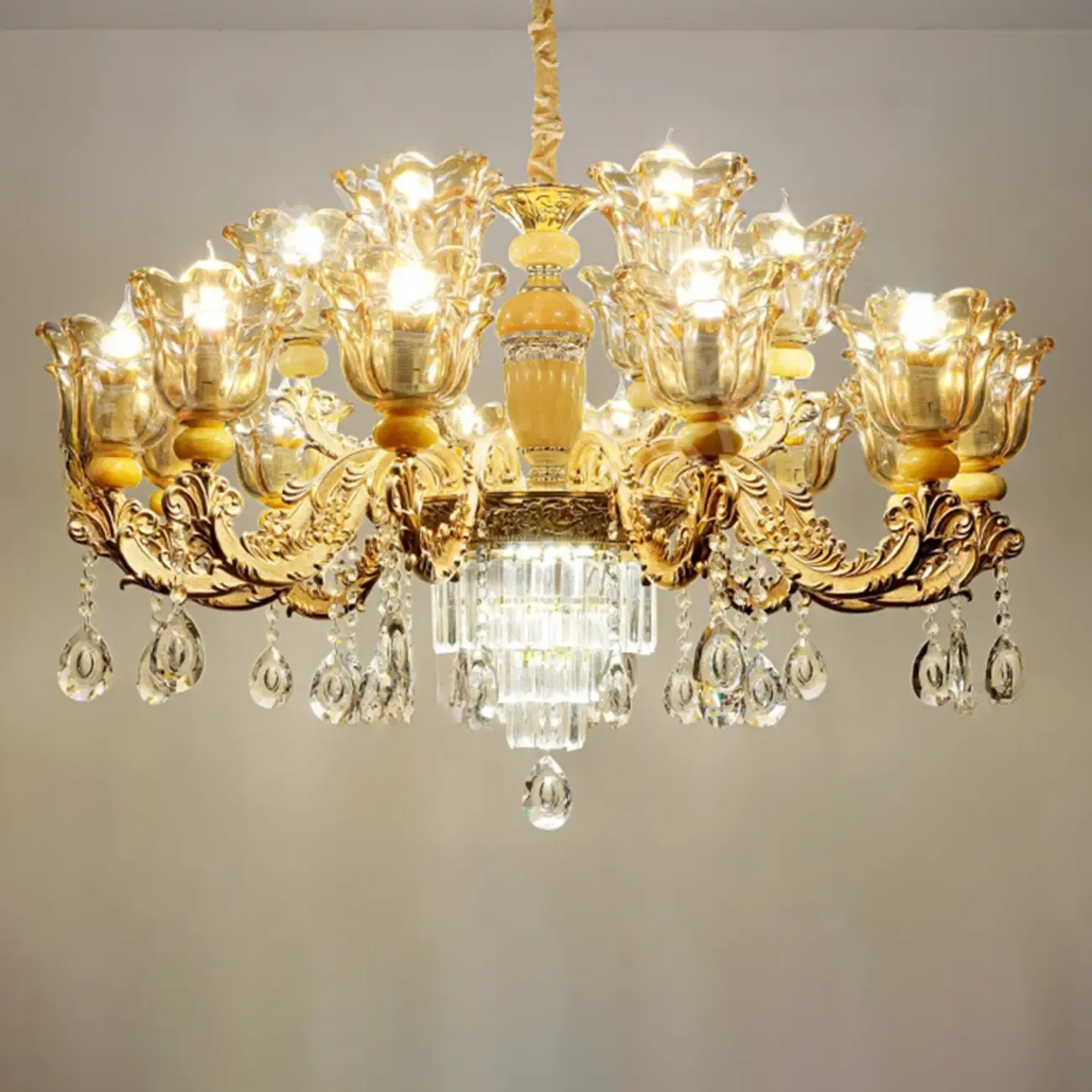Adjustable Luxury Gold Flower Shape Clear Glass Chandelier