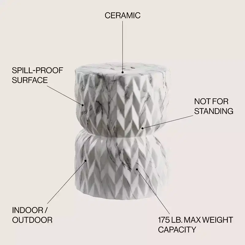 JONATHAN Y Chevron Drum 17.5 White Marble Finish Ceramic Garden Stool/Accent Table