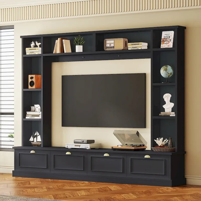 Black 104.2 Large Wall Unit with Bookshelves & Cabinets for TVs Up to 78