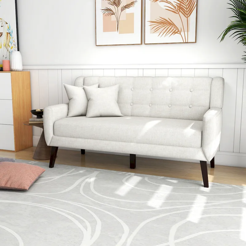 Tufted Linen/Cotton 2-Seater Sofa with Pillows