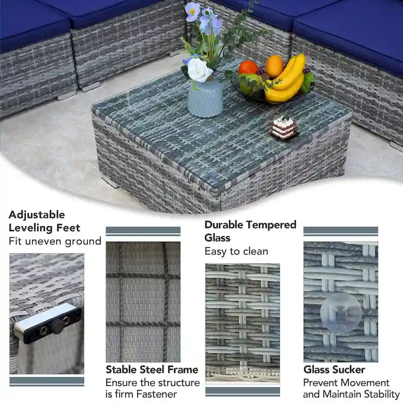 7-Piece Wicker Patio Conversation Set with Cushions and Glass Table