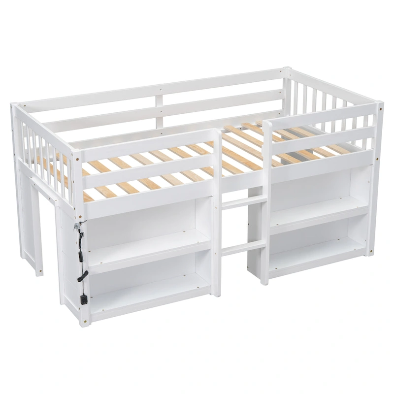 Twin Wood Low Loft Bed with Shelves & LED Light
