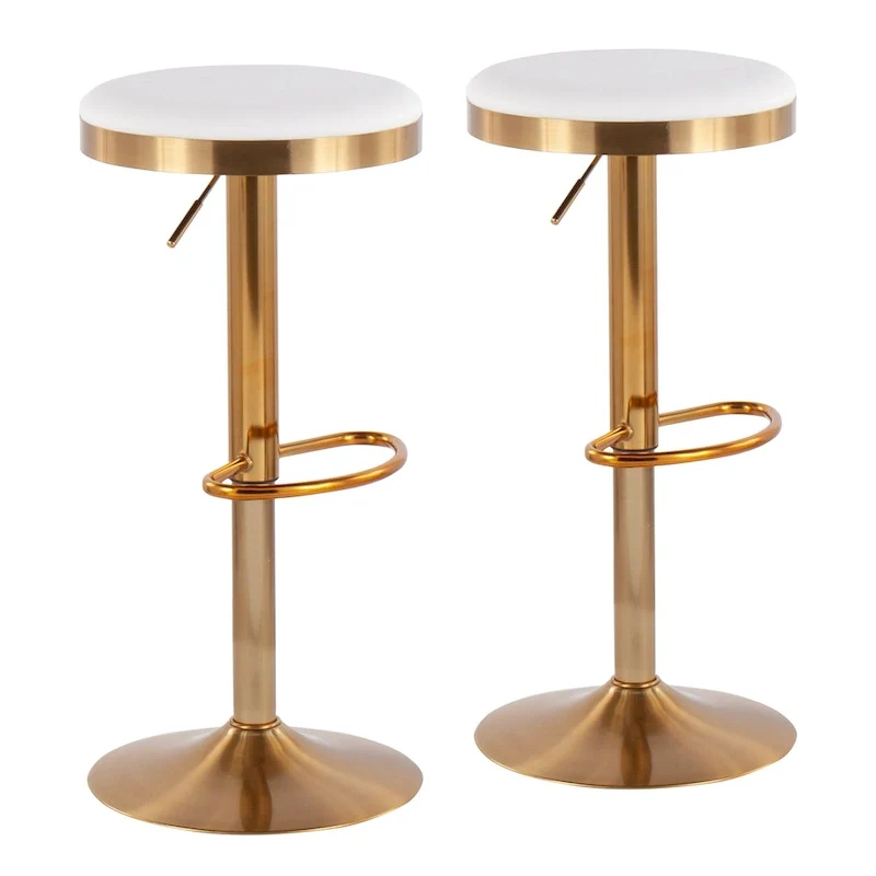 Gold Steel Barstool with Upholstered Seat - Set of 2 - Adjustable Height 23-31.75H