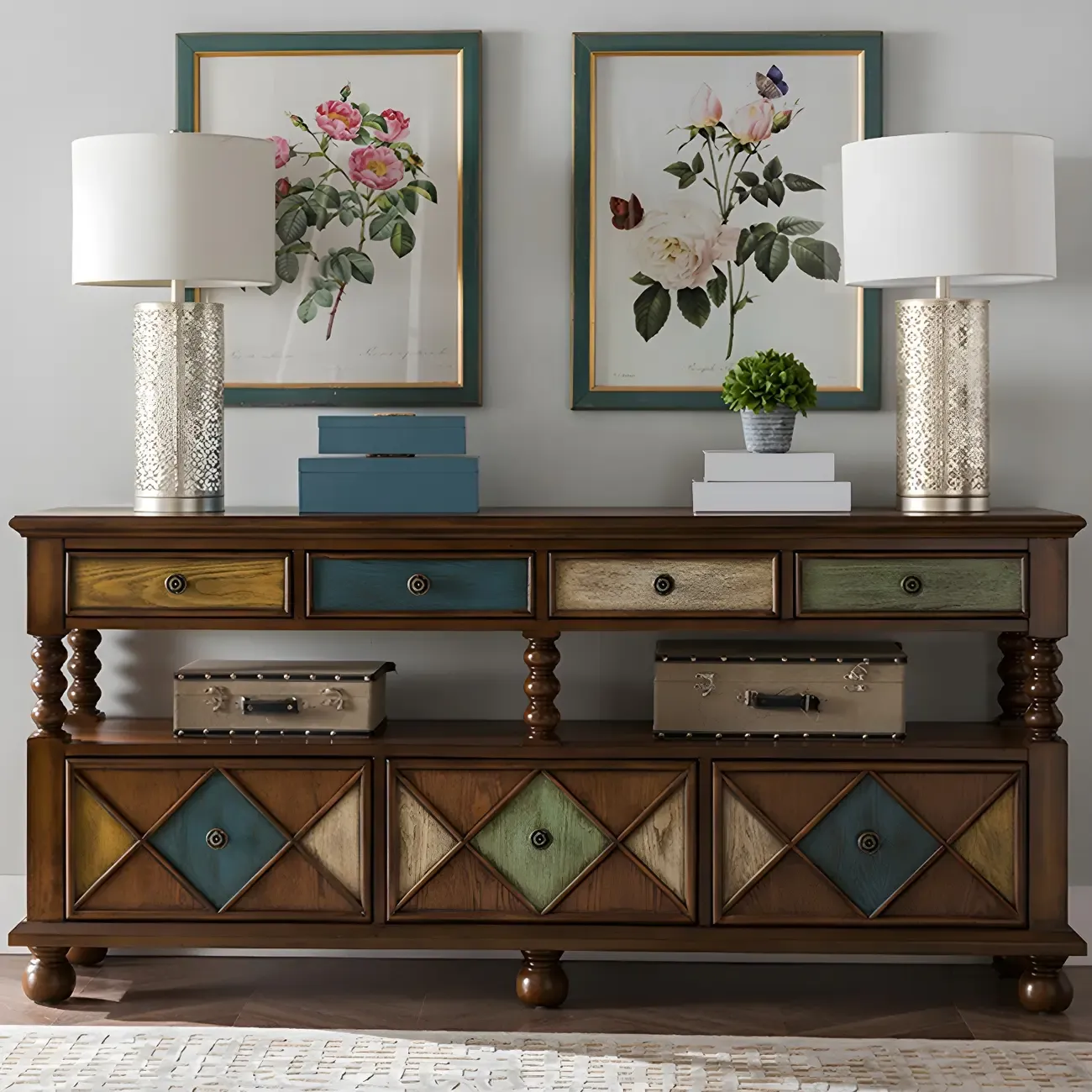 Vintage Geometric Wooden Sideboard with Storage Drawers