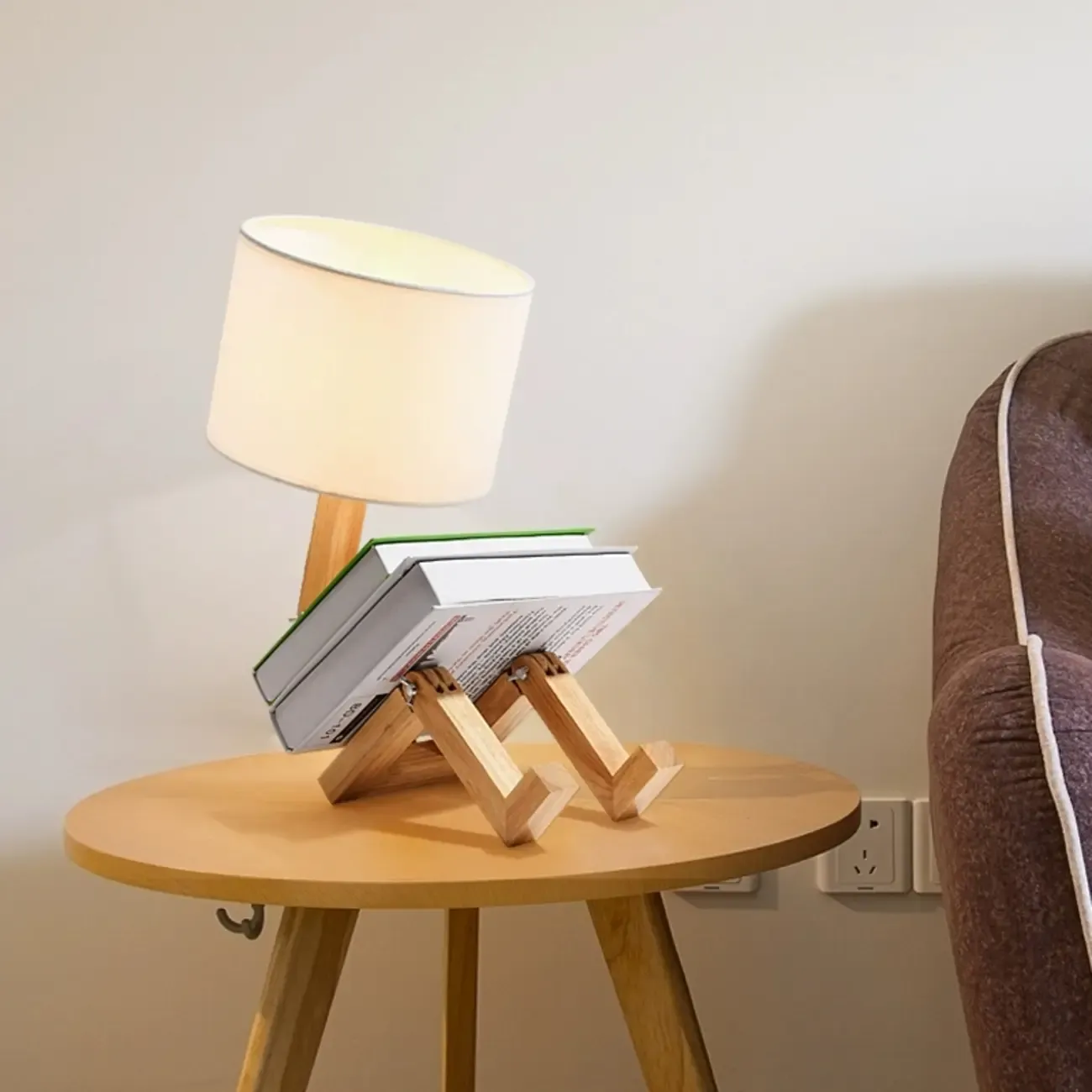 Unique Wood Table Lamp with Book Storage for Living Room