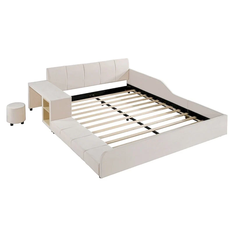 Upholstered Grounded Bed Mother & Child Bed with Bedside Desk and Little Round Stool