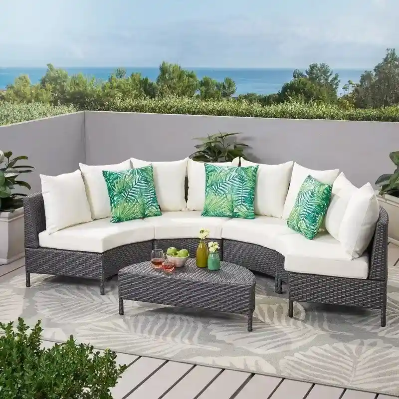 Modern Half-Circle Outdoor Lounge Set: Grey Rattan, White Cushions