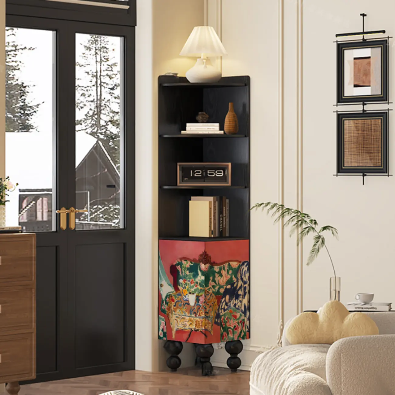 Traditional Black Wood Open Storage Corner Display Cabinet