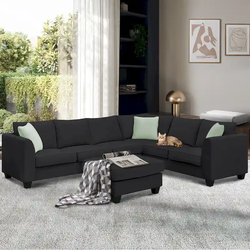 112*87 Sectional Sofa Couche Living Room Sets,7 Seats Sectional Sofa with Ottoman, L Shape Sofa Corner Couch Set with 3 Pillows
