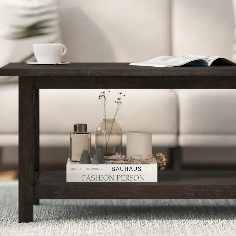 Farmhouse X-Frame Coffee Table with Shelf, Acacia Gray/Dark Gray/Walnut, Solid Wood