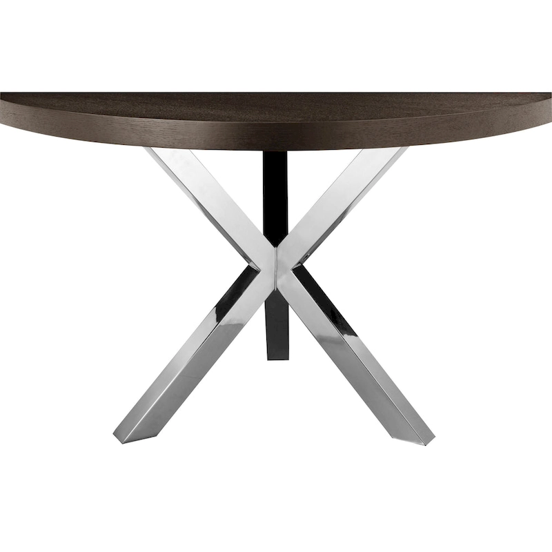 Emi 47 Inch Round Dining Table, X- Cross Brushed Steel, Dark Brown Wood