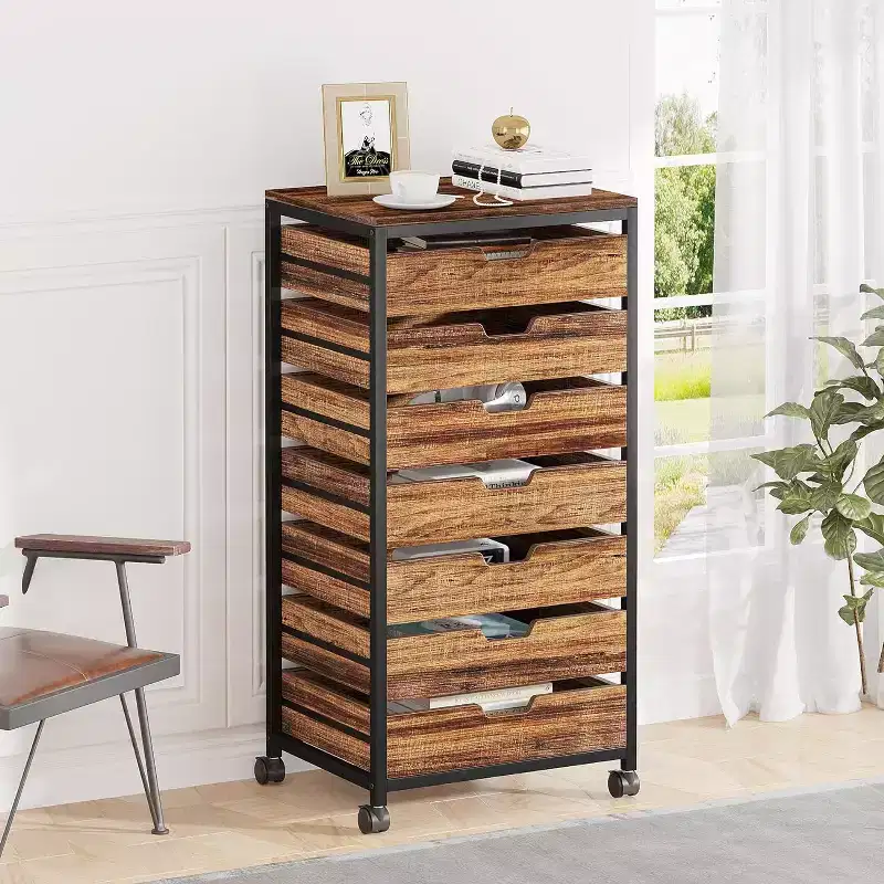 7-Drawer Storage Dresser Cabinet with Wheels, Retro Wood & Black Metal, 1-Person