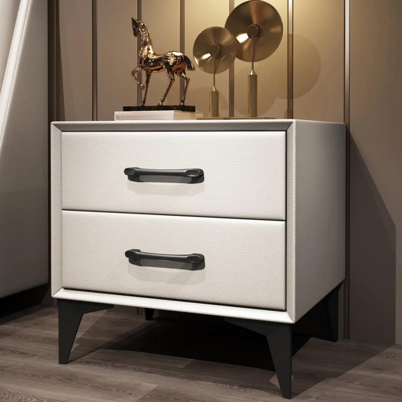 Trendy Leather Wooden 2-Drawer Nightstand with Metal Legs