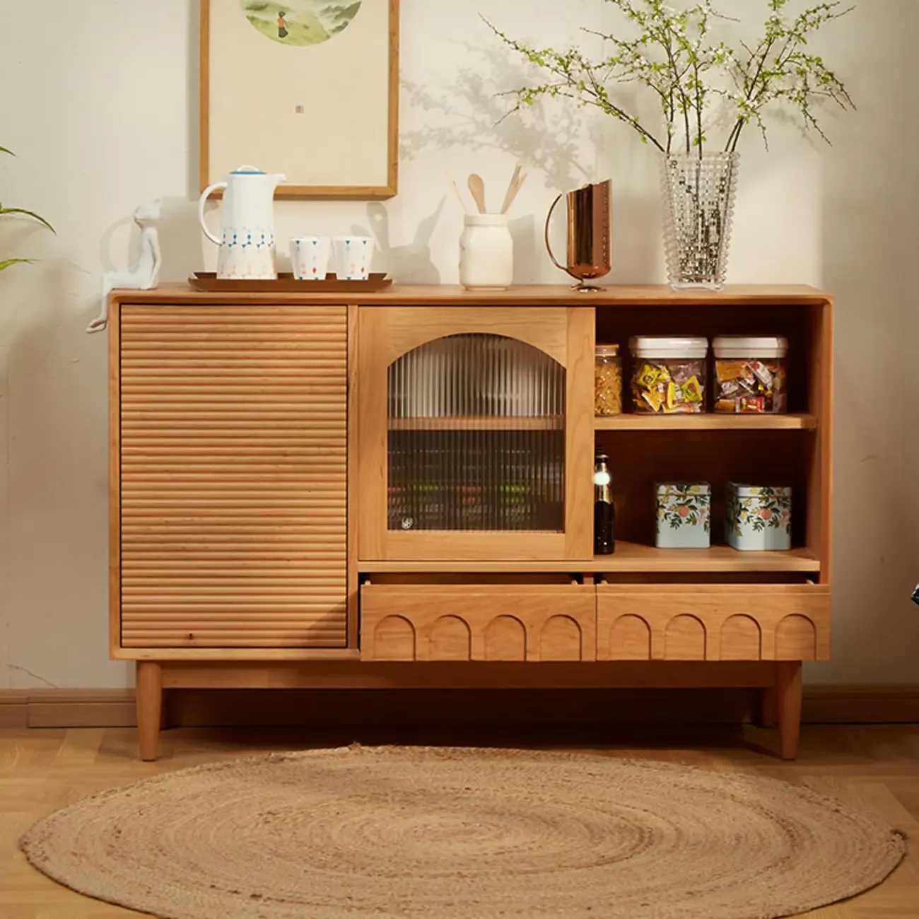 Scandinavian Yellow Wooden Sideboard with Cabinets