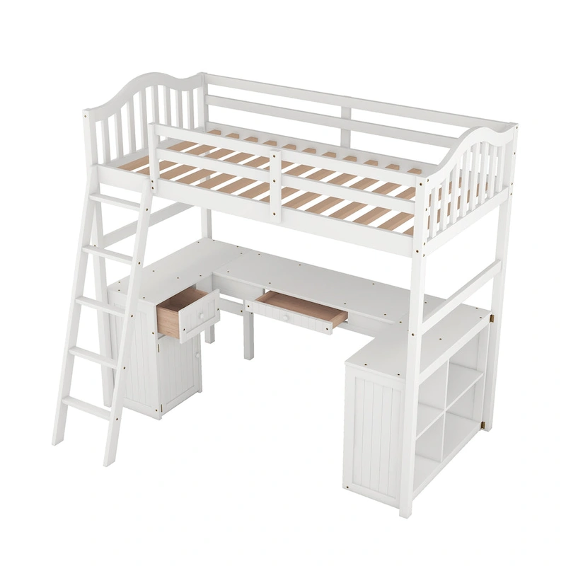 Twin Wooden Loft Bed with Desk and Shelves