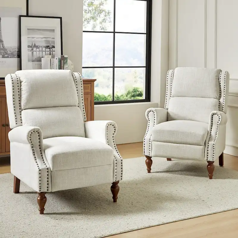 Traditional Roll Arm Manual Recliner with Solid Wood Legs