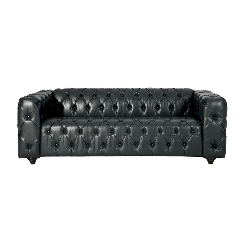 Black Modern 83.5 Faux Leather Button Tufted 3-Seater Sofa with Wood Legs