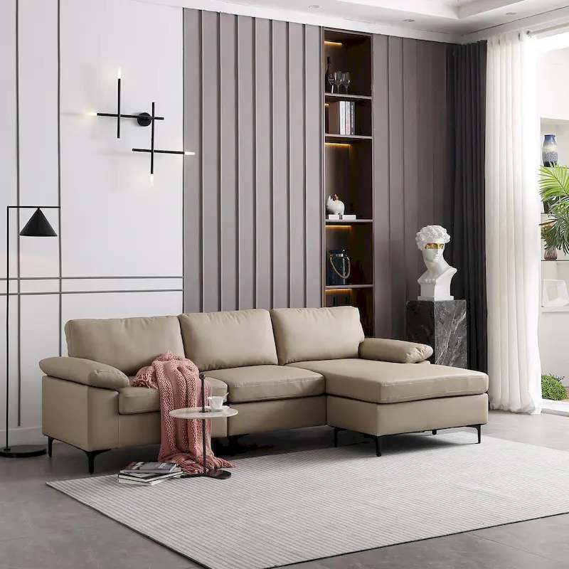 Reversible Chaise Sofa, Suede Fabric, Metal Legs, Spring Coils, Light Brown/Brown/Grey/Blue/Beige