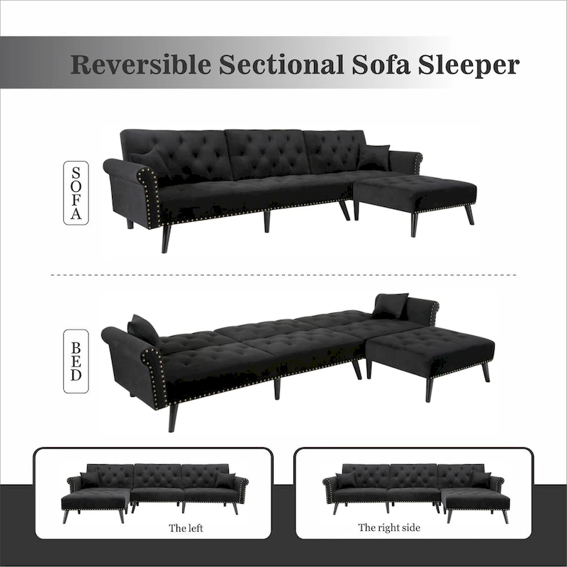 Aukfa Velvet Convertible Sleeper Sectional Sofa Bed - 114.5 W