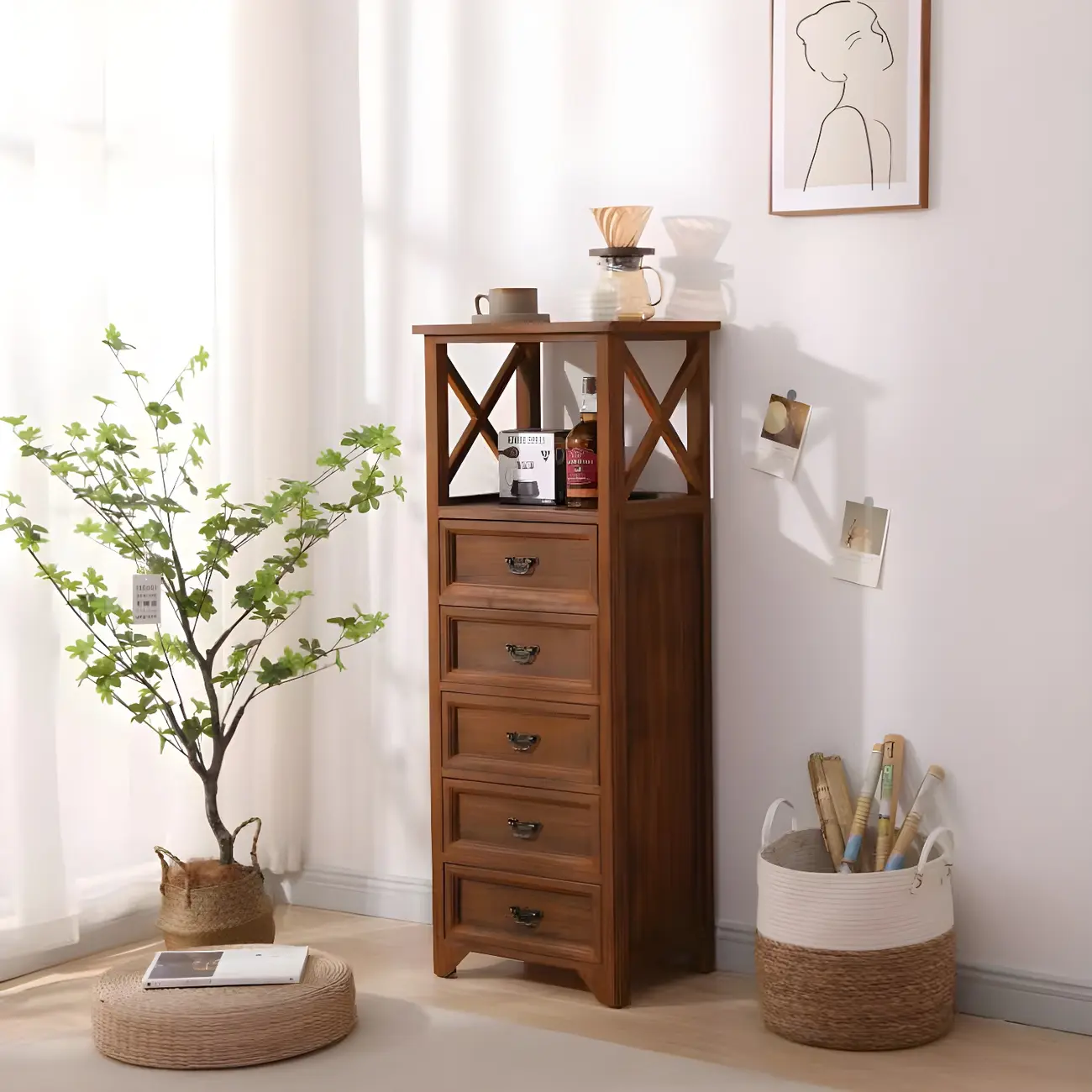 Industrial Rectangular Brown Wooden Drawer Cabinet