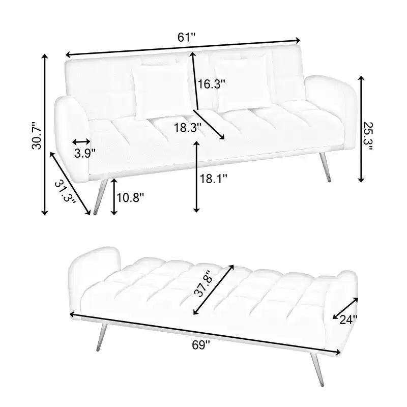 GDFStudio Smin Modern 69 Wooden Teddy Upholstered Sofa Bed with Adjustable Backrest