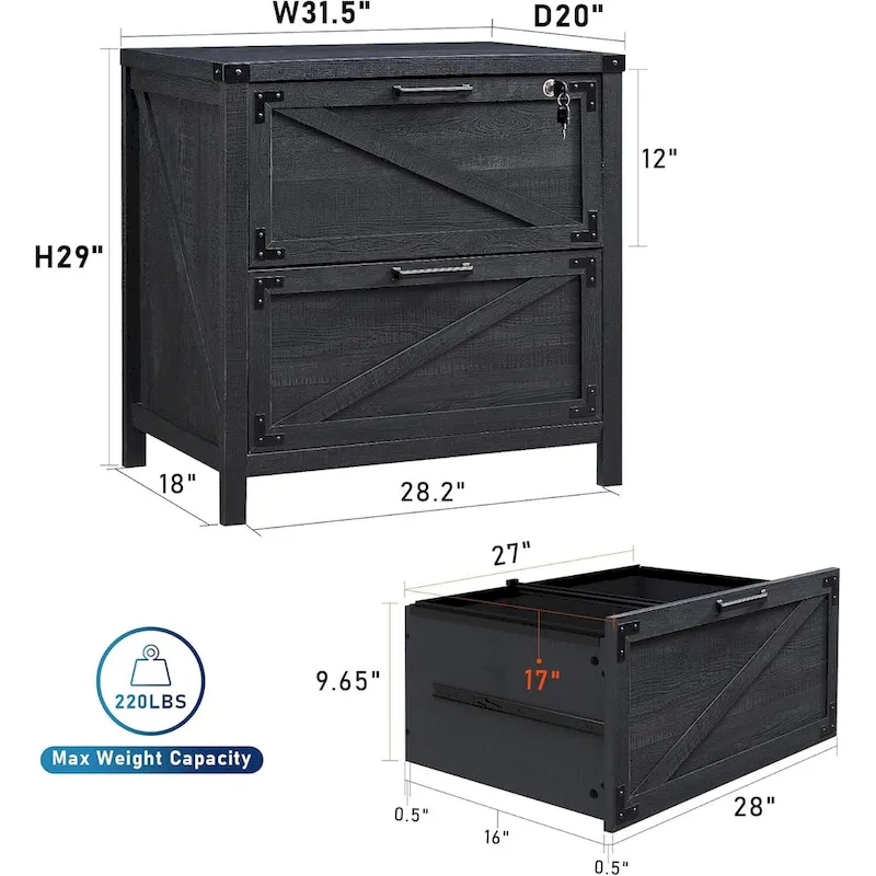 Farmhouse 2 Drawer File Cabinet, Lateral Filing Cabinet with Lock