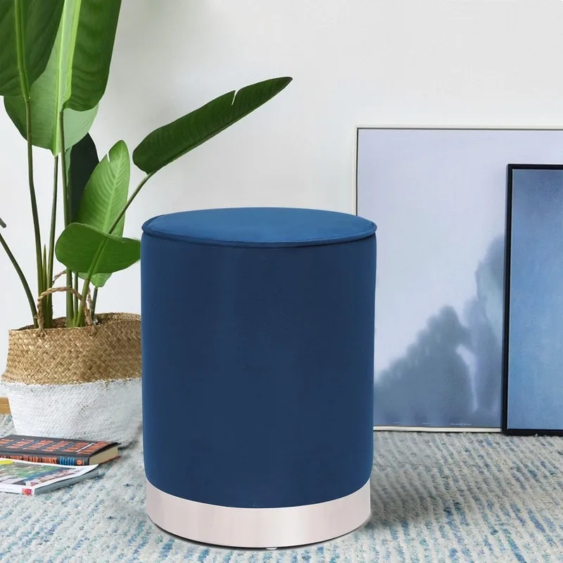 Adeco Vanity Upholstered Round Velvet Ottoman Footstool Silver Trim