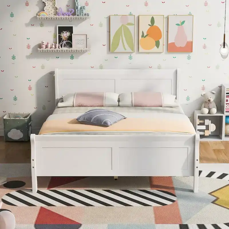 Full Size Wood Platform Bed with Headboard & Footboard, Oak/Espresso/White, 2-Person