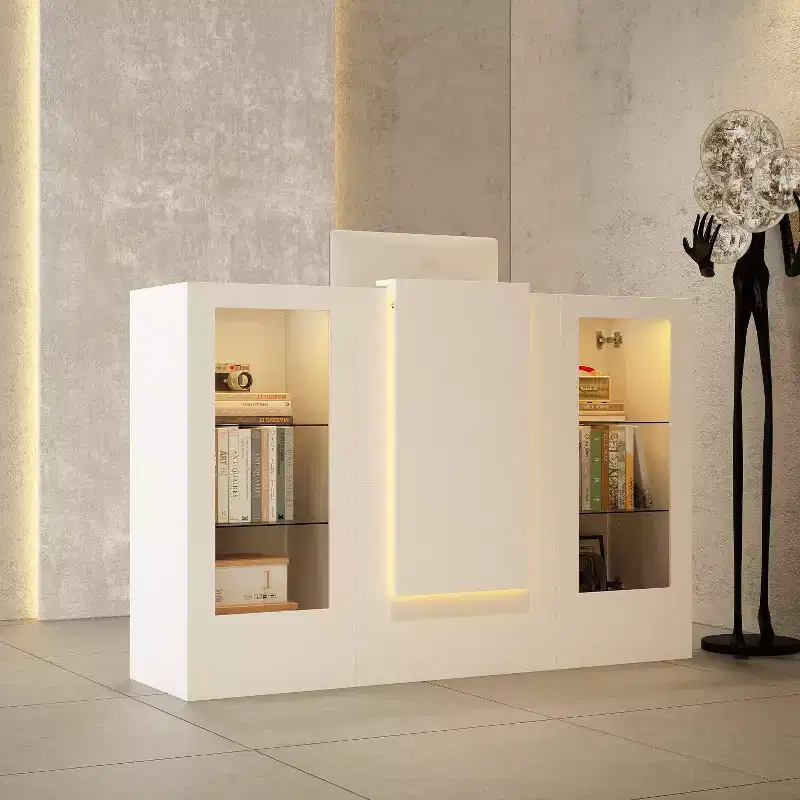 White Reception Desk Counter Table with Glass Display Shelves and LED