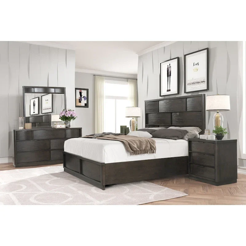 Roundhill Furniture Belani Wood Panel Bed Set, Bed, Dresser, Mirror, and Two Nightstands, Espresso