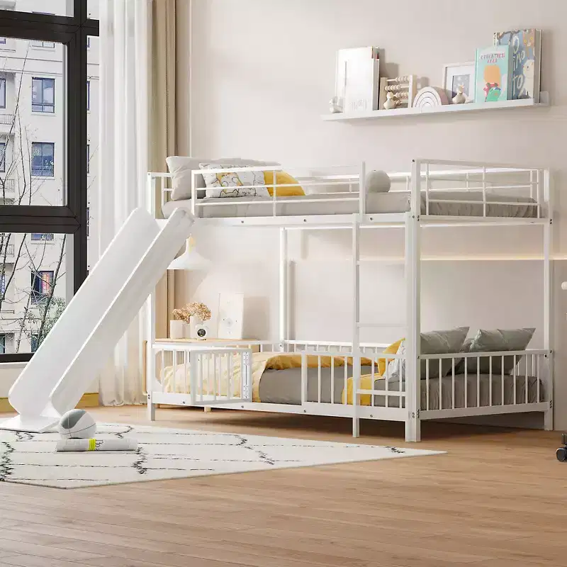 Whisen Stylish Design Metal Bunk Bed with Slide and Guardrails