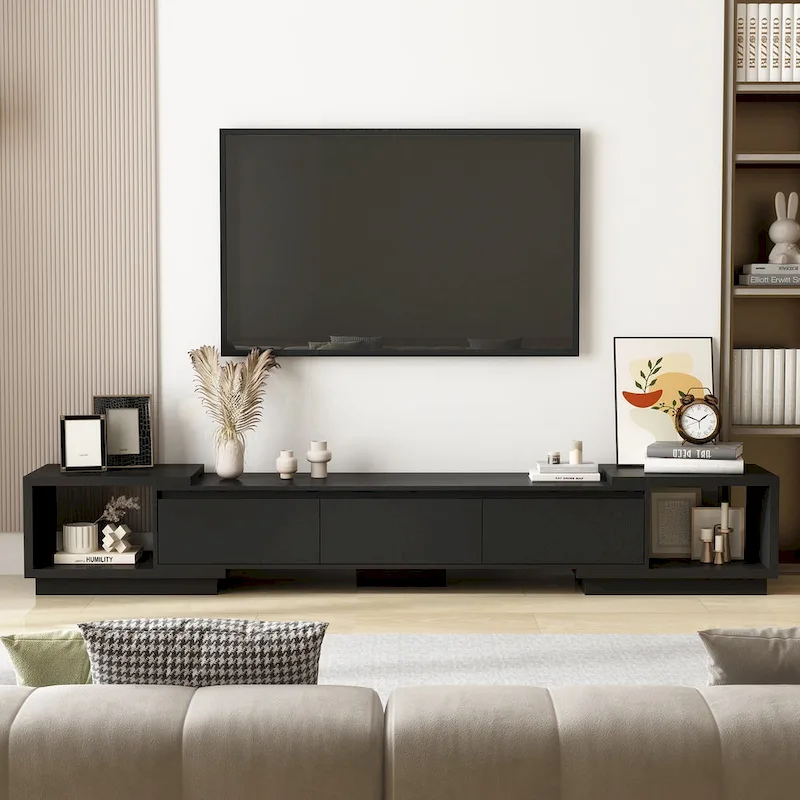 Modern Style Extendable TV Stand with 3Drawer White/Black 65.4-106.3