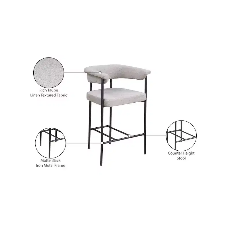 Meridian Furniture,Malin Taupe Linen Textured Fabric Counter Stool, Set of 2