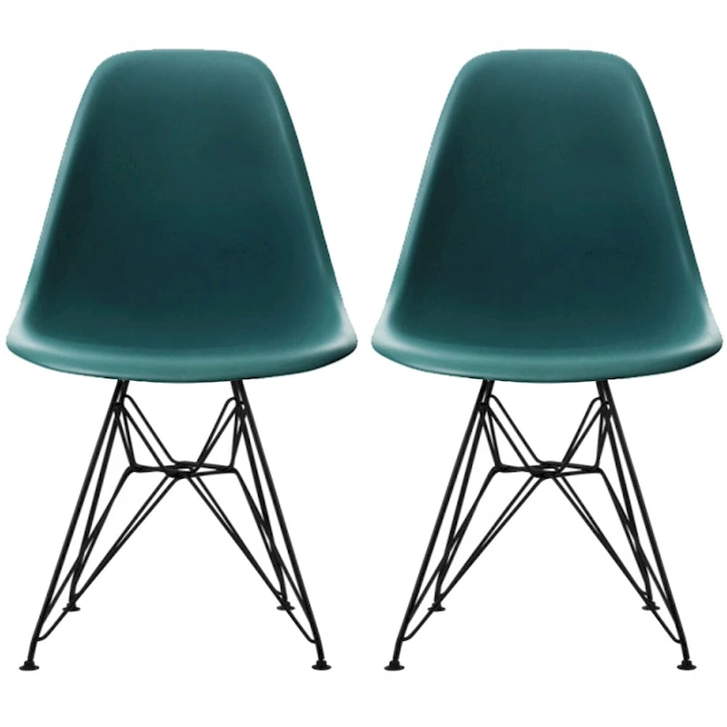 Set of 2 Mid-Century Modern Dining Side Chairs Armless Plastic Shell Seat with Black Metal Wire Eiffel Base, White