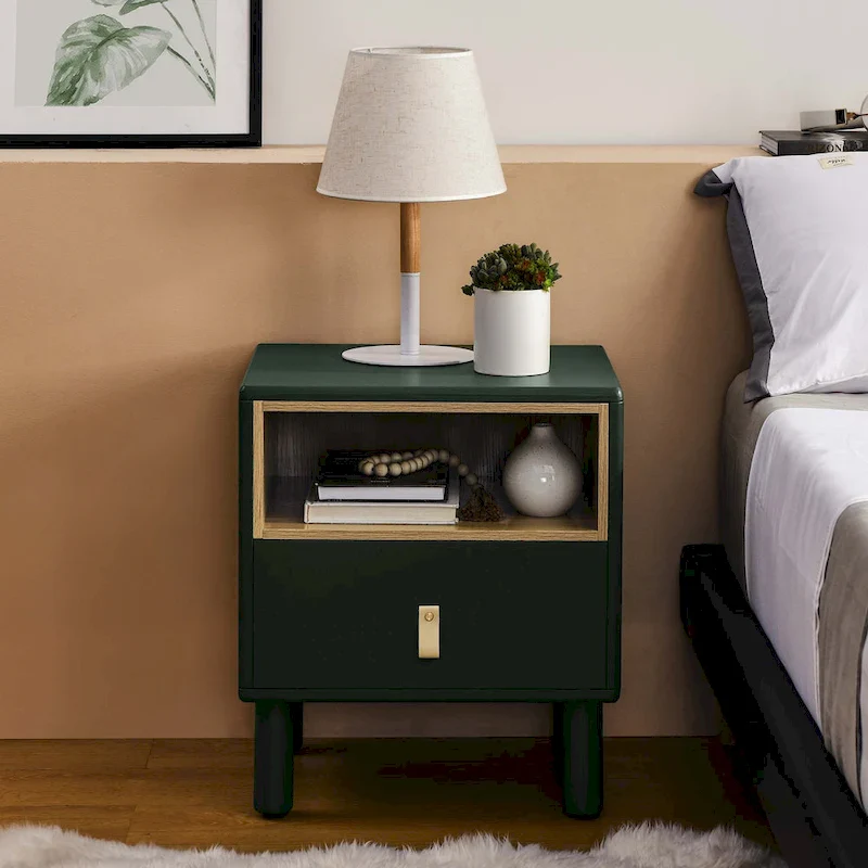 Nightstand - MDF & Solid Wood, 1 Drawer, Open Shelf, Leather Handles, 18.9W x 21.65H, Modern