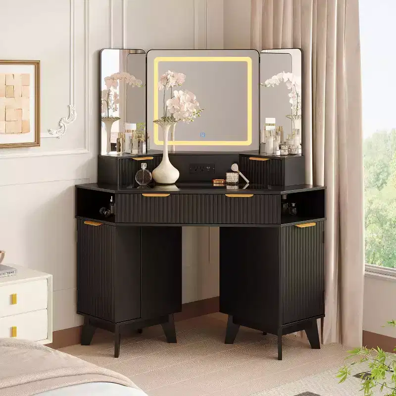 Acekool Fluted Vanity Table with Mirror, Glass Top, Cabinet and Drawers, Makeup Desk
