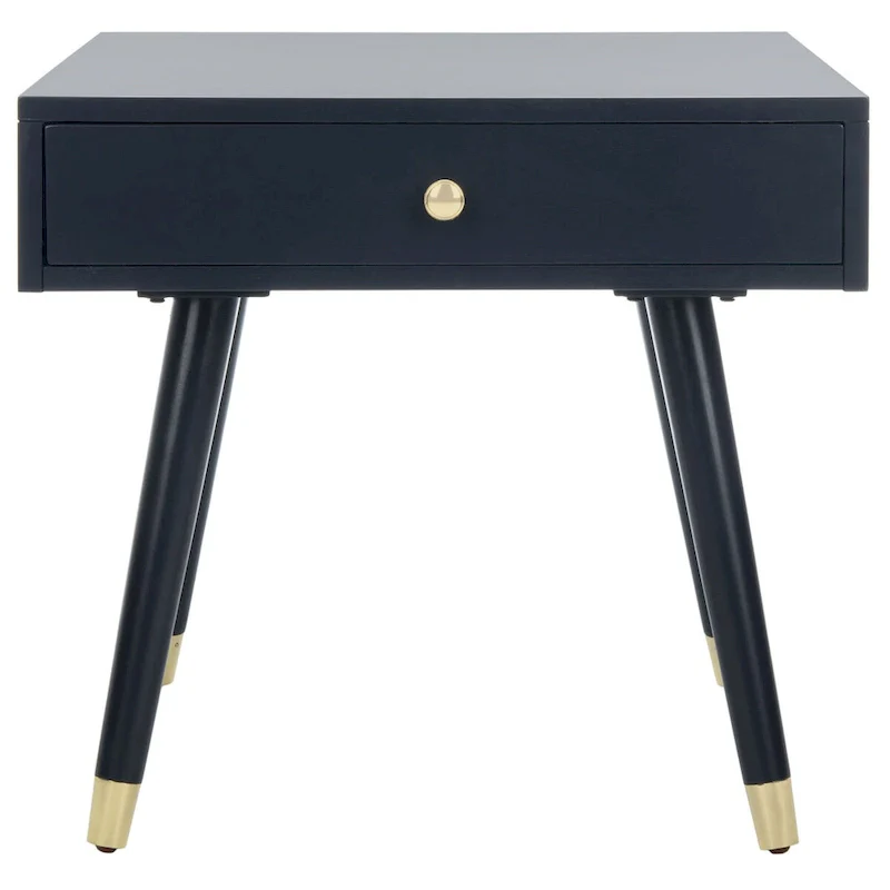 Mid-Century End Table with Brass Caps – Navy / White / Brown, Dark Wood, Single