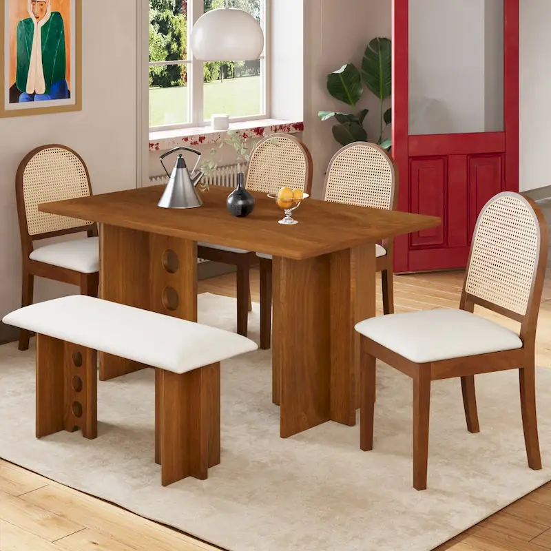 Modern Double Pedestal 6-Piece Dining Table Set with 4 Dining Chairs & 1 Bench