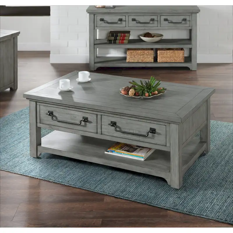 2-Drawer Solid Pine Coffee Table – Dove Grey, Coastal Style, Single