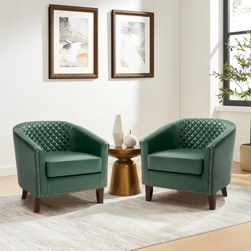 2 Set Vegan Leather Barrel Accent Chairs with Nailheads Trim