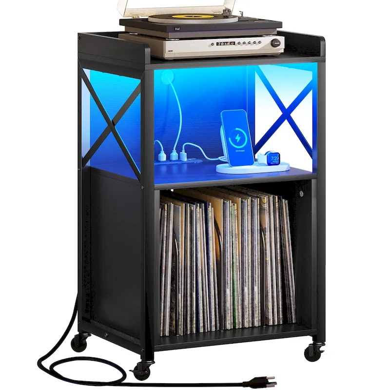 Moasis Record Player Turntable Stand Wheeled with LED Light, Charging Station