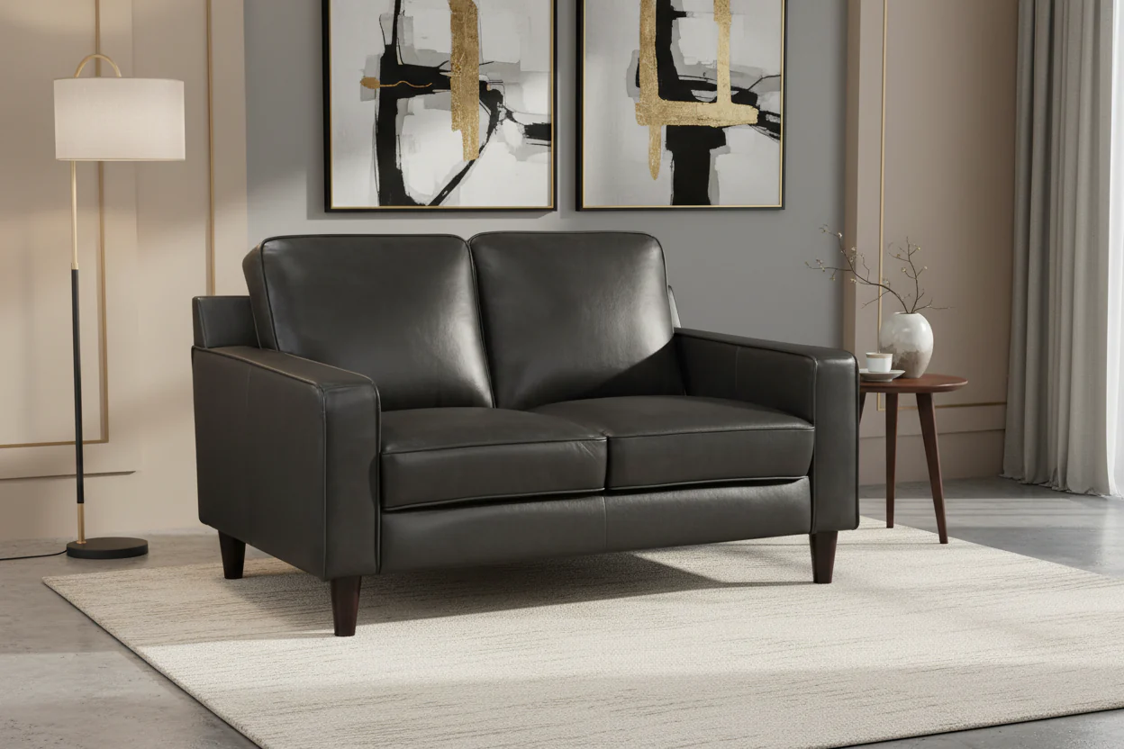 60 Inch Loveseat, Gray Top Grain and Faux Leather, Solid Wood